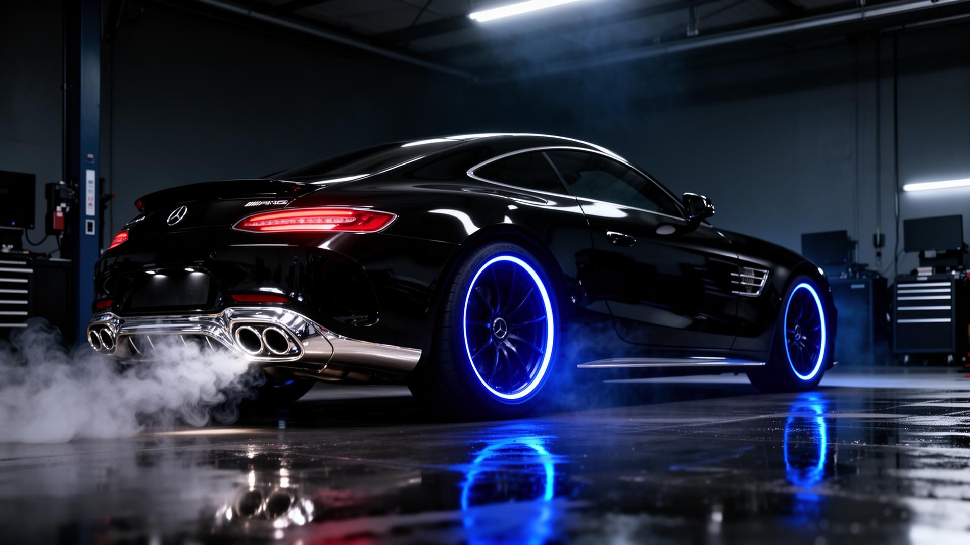 Carro esportivo preto com escapamento cromado em oficina premium